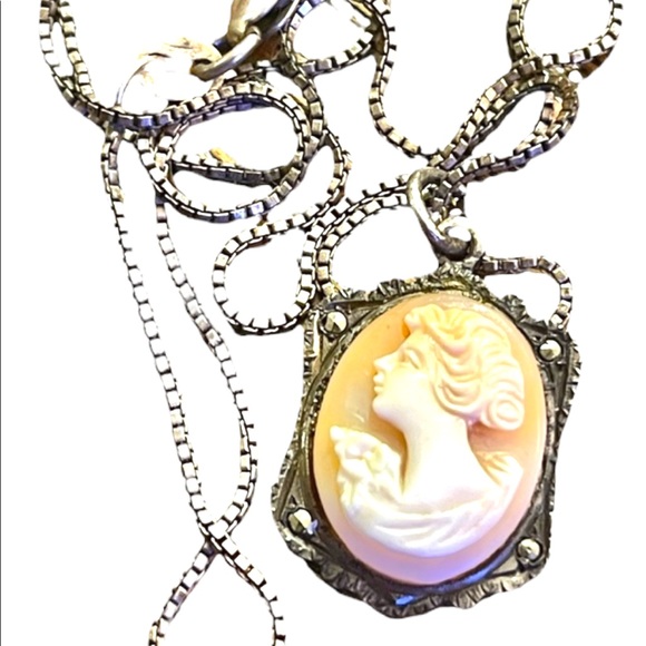 Antique 800 sterling silver shell cameo marcasite necklace Marcasite - Picture 2 of 12